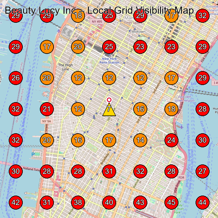 Beauty Lucy Inc GeoGrid visibility map for Beauty Supply Store in New York